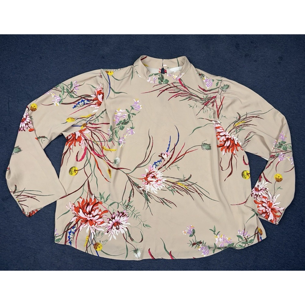 HM Blouse Floral Cream Mock Neck Long Sleeve Blouse Satin Size XL Women's
